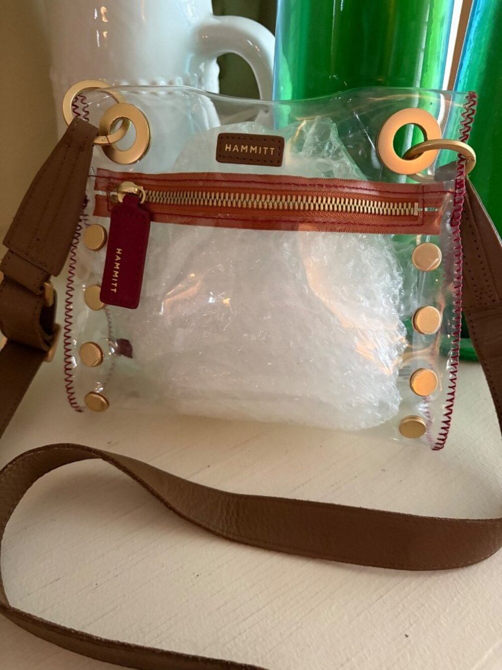 Hammitt Los Angeles Tony Clear & Red with Gold Studded Crossbody Bag Brown Strap - Picture 12 of 12
